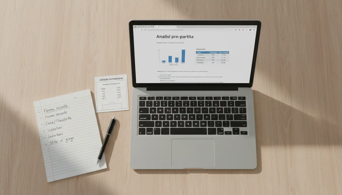 Persona che analizza statistiche di calcio su un laptop con appunti e penna sul tavolo