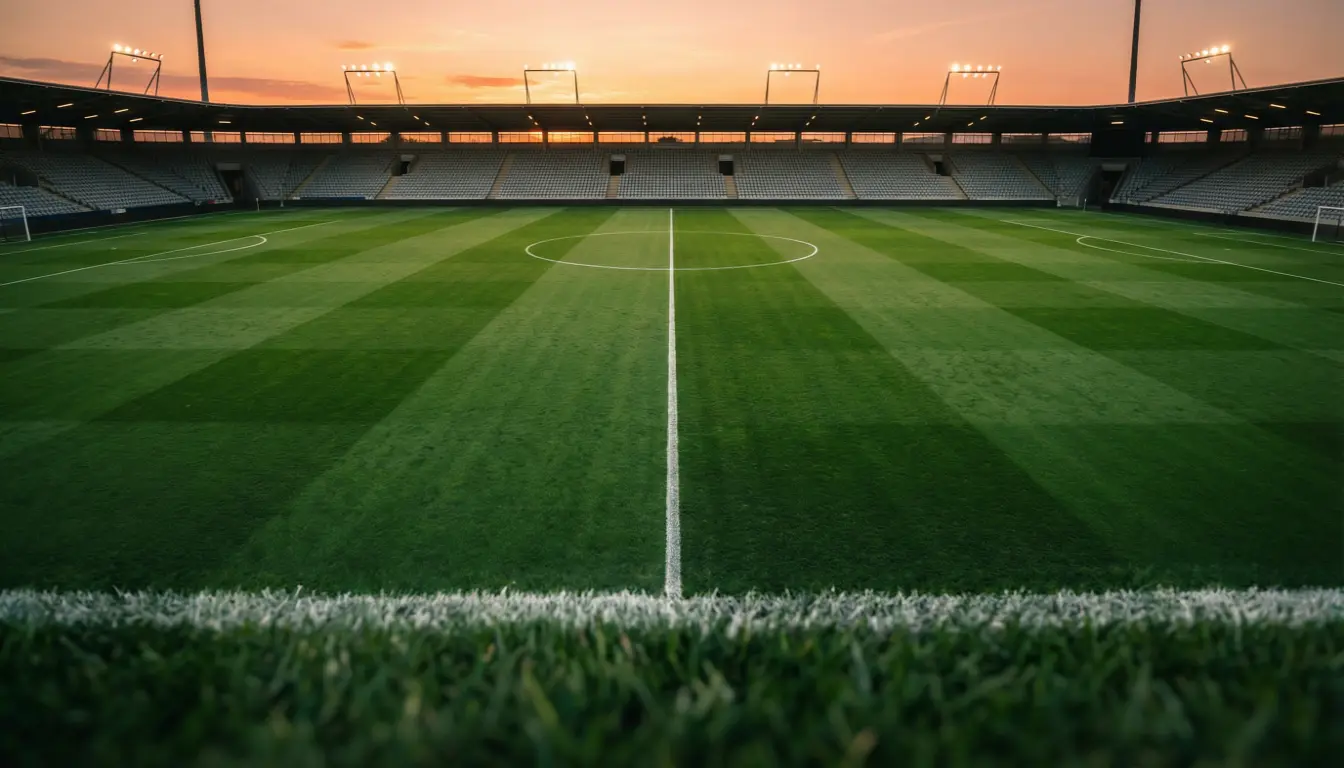 Panoramica di un campo da calcio al tramonto con luci dello stadio accese