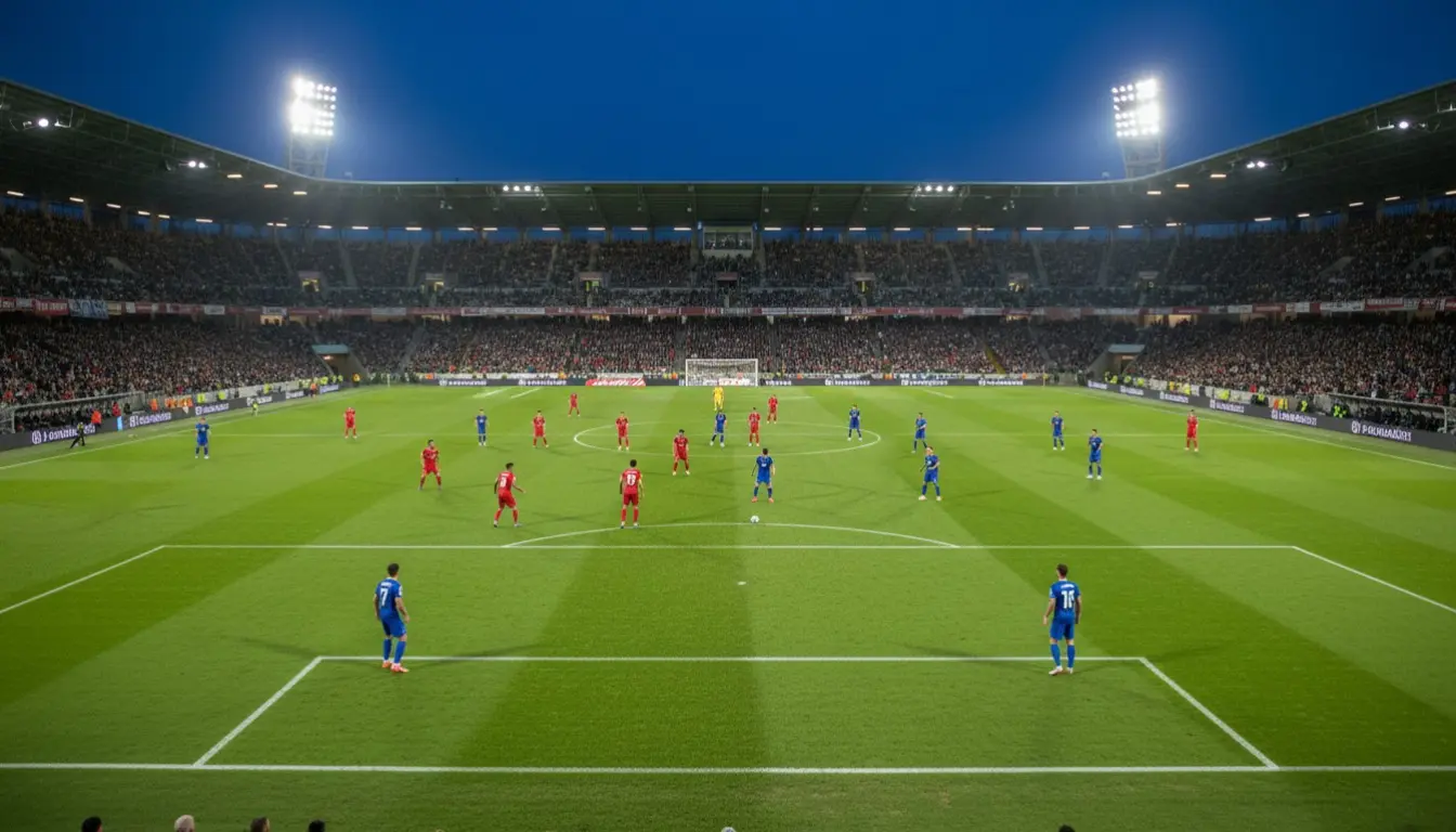 Tifosi allo stadio che guardano una partita di calcio serale con il campo illuminato